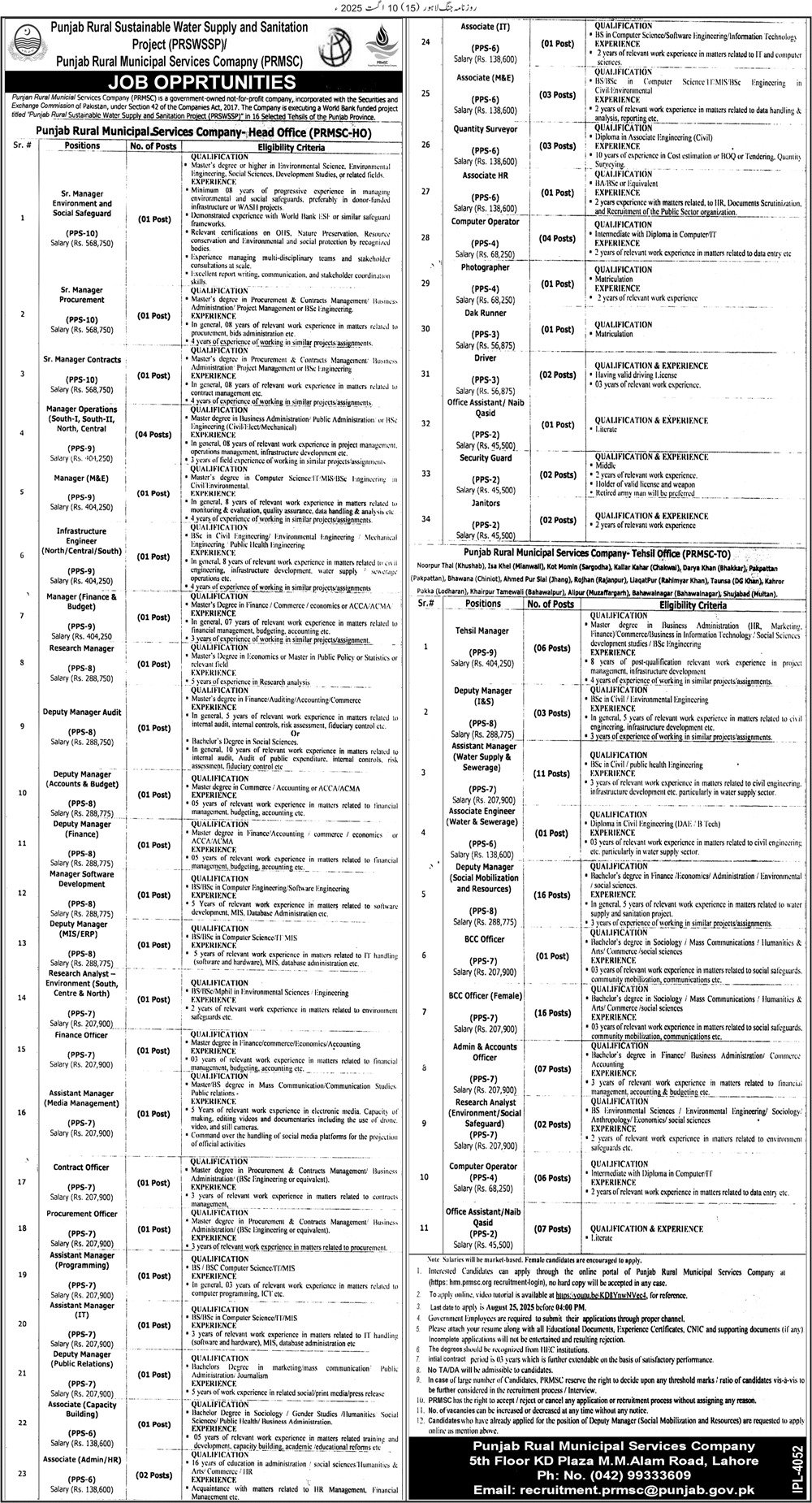 Punjab Rural Muncipal Services Company Jobs 2025 – Punjab Rural Municipal Services Company PRMSC Jobs 2025 — original advertisement