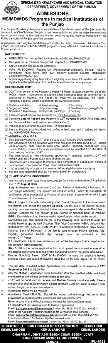 Admission Open in Specialized Healthcare And Medical Educati – Specialized Healthcare And Medical Education Department Lahore Admissions 2025 — original advertisement