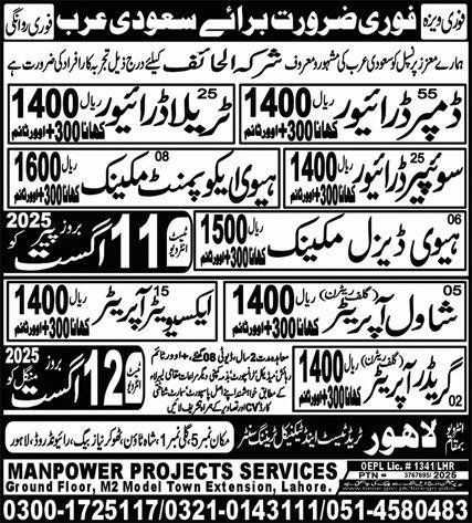 Dumper Driver And Tralla Driver Jobs in Saudia Arabia 2025 – Lahore Trade Test & Technical Training Center Jobs 2025 — original advertisement