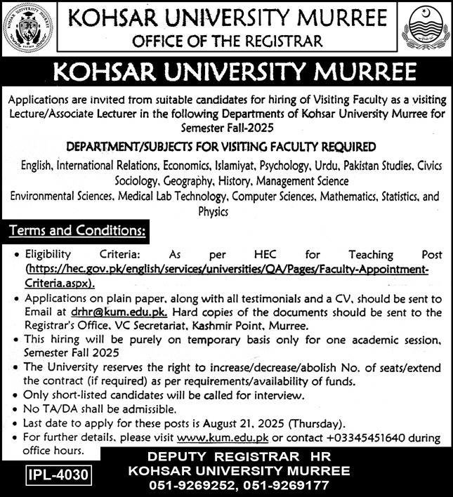 Kohsar University Murree KUM Jobs 2025 For Lecturers – Koshar University Murree Jobs 2025 — original advertisement