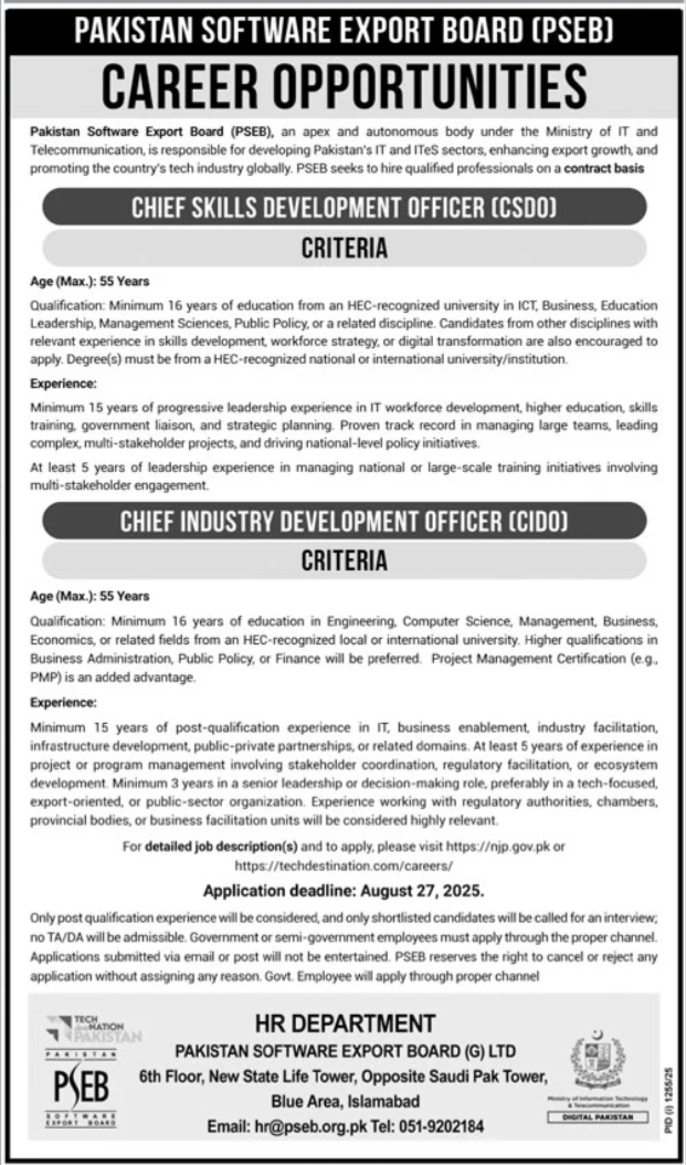 Pakistan Software Export Board PSEB Islamabad Jobs Jobs 2025 — original advertisement