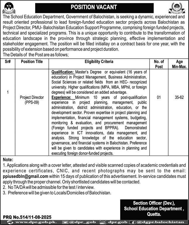 School Education Department Quetta Job 2025 – Education Department Balochsitan Jobs 2025 — original advertisement