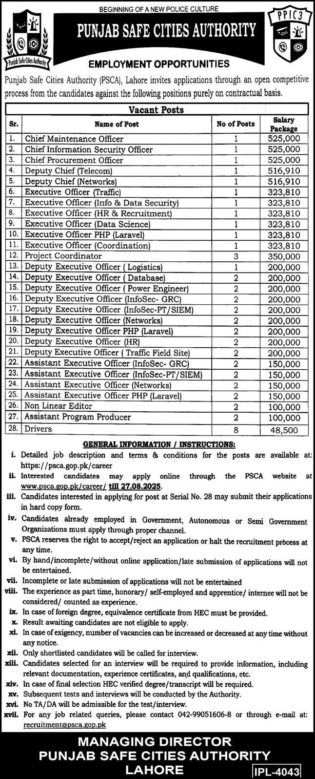 Punjab Safe Cities Authority PSCA Lahore Jobs 2025 Jobs 2025 — original advertisement