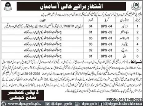 Deputy Commissioner Office Kachi Jobs 2025 – Revenue Department Balochistan Jobs 2025 — original advertisement
