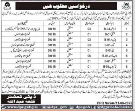 Deputy Commissioner Killa Abdullah Jobs 2025 – Revenue Department Balochistan Jobs 2025 — original advertisement