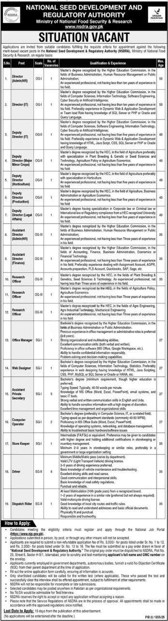 National Seed Development And Regulatory Authority Jobs 2025 – Public Sector Organization Jobs 2025 — original advertisement