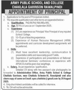 Army Public School & College APS&C Jobs 2025 For Principal – Army Public School & College Paksitan Jobs 2025 — original advertisement