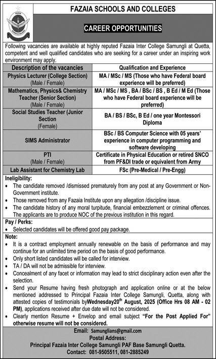 PAF Fazaia Inter College Samungli PAF Quetta Jobs 2025 – Fazaia Schools & Colleges Jobs 2025 — original advertisement