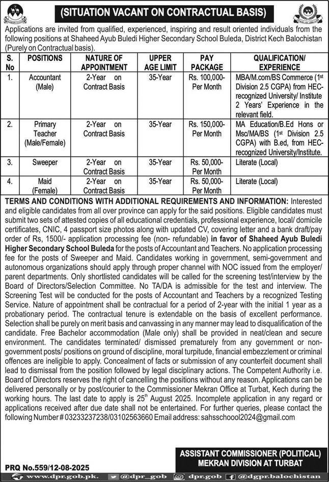 Shaheed Ayub Buledi Higher Secondary School Jobs 2025 Jobs 2025 — original advertisement
