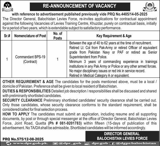 Balochistan Levies Force Quetta Jobs 2025 For Commandant Jobs 2025 — original advertisement