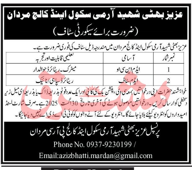 Aziz Bhatti Shaheed Army Public School & College Mardan Jobs – Aziz Bhatti Shaheed Teaching Hospital Jobs 2025 — original advertisement