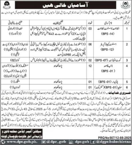 Law & Parliamentary Affairs Department Quetta Jobs 2025 – Law and Parliamentary Affairs Department Balochistan Jobs 2025 — original advertisement