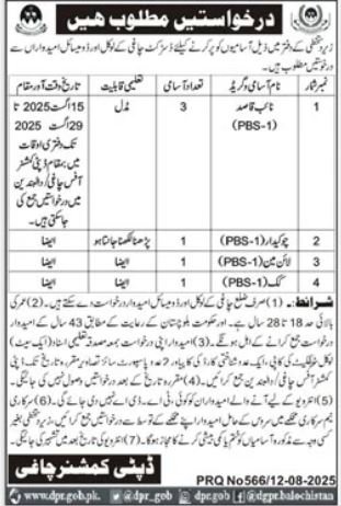 Deputy Commissioner DC Chaghi Jobs 2025 For Chowkidar – Revenue Department Balochistan Jobs 2025 — original advertisement