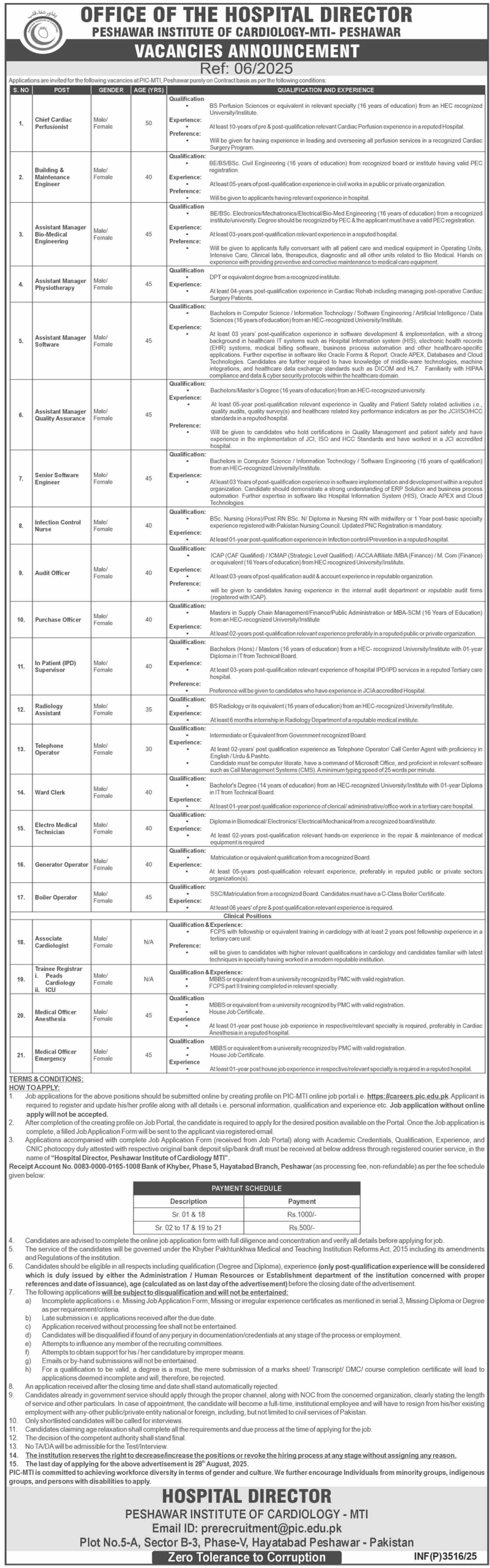 Peshawar Institute Of Cardiology PIC MTI Peshawar Jobs 2025 Jobs 2025 — original advertisement