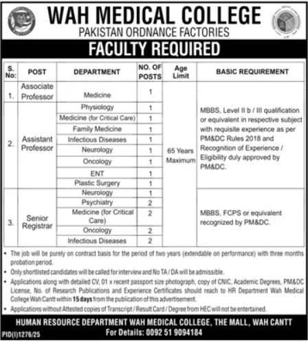 Wah Medical College POF Jobs 2025 For Senior Registrar Jobs 2025 — original advertisement
