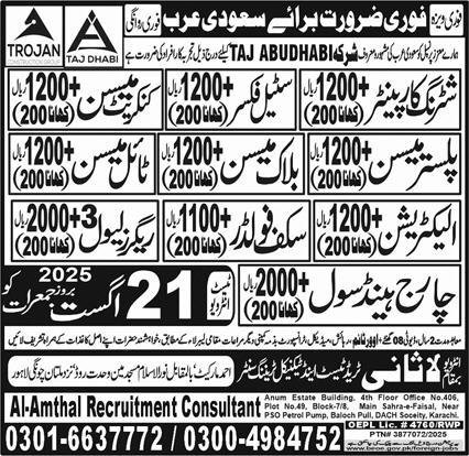 Rigger & Chargehand Civil Jobs 2025 In Saudi Arabia – Lasani Trade Test & Technical Training Center Jobs 2025 — original advertisement