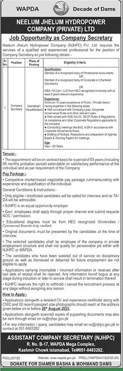 Neelum Jhelum Hydropower Company Private Ltd Jobs 2025 – Water and Power Development Authority Jobs 2025 — original advertisement
