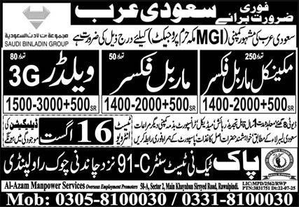 Mechanical Marble Fixer And Welder Jobs in Saudia Arabia – Pak Techni Test Center Jobs 2025 — original advertisement