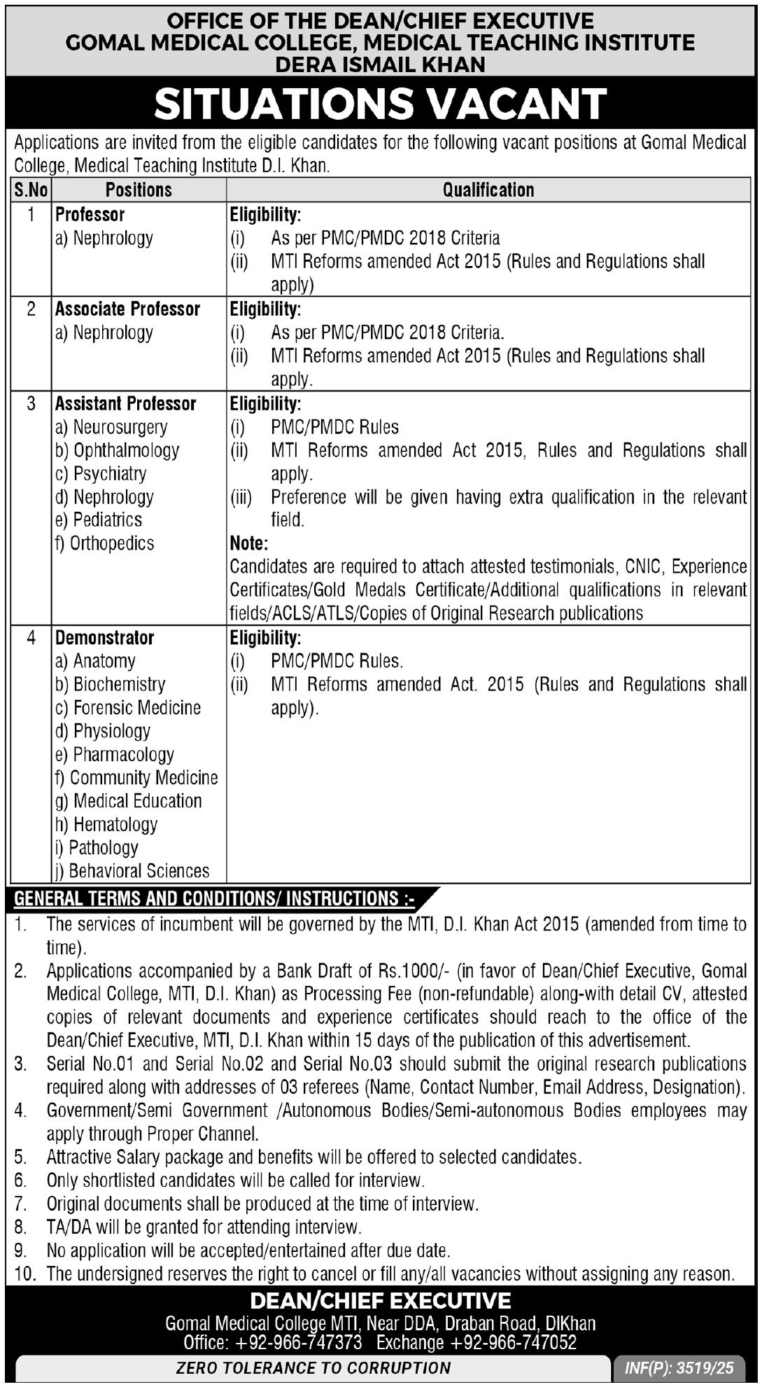 Gomal Medical College DI Khan Jobs 2025 For Professors – Gomal University Dera Ismail Khan Jobs 2025 — original advertisement