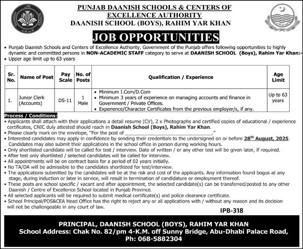 Punjab Daanish School Boys PDS Rahim Yar Khan Jobs 2025 Jobs 2025 — original advertisement