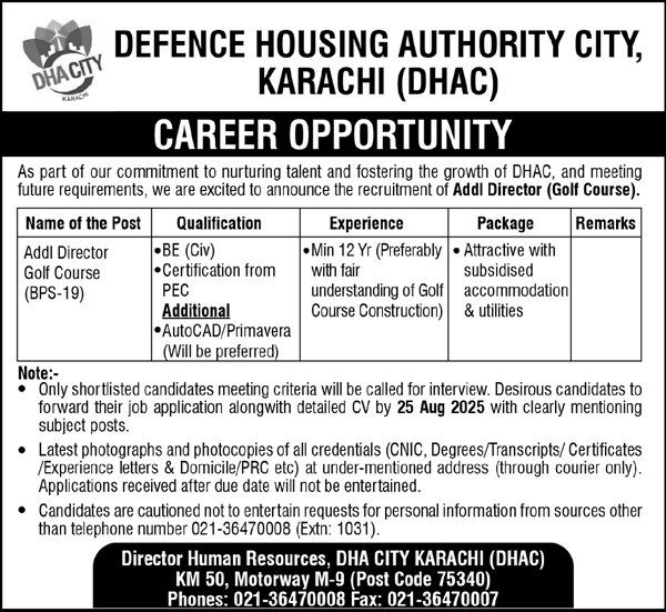 Defence Housing Authority City DHAC Karachi Jobs 2025 Jobs 2025 — original advertisement