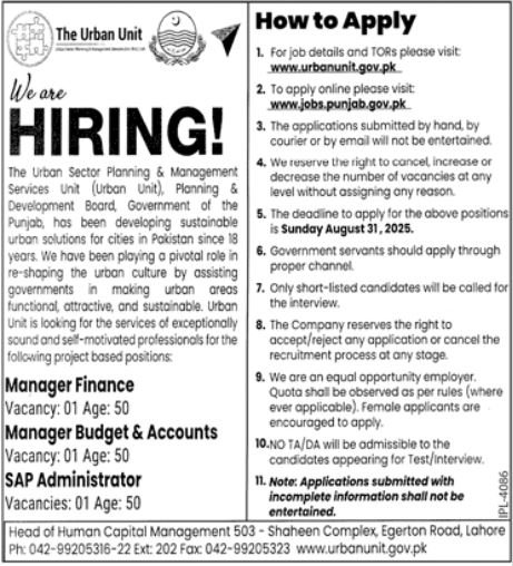 The Urban Unit Lahore Jobs 2025 For Manager Finance – The Urban Unit Punjab Jobs 2025 — original advertisement