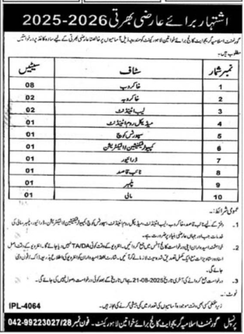 Govt Islamia Graduate College For Women Lahore Jobs 2025 – Govt islamia Law College Jobs 2025 — original advertisement