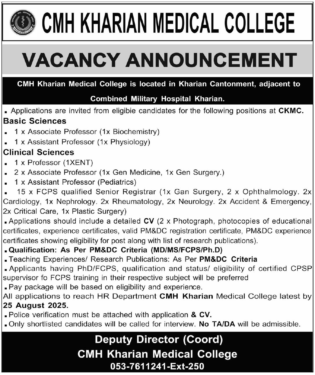 CMH Kharian Medical College CKMC Jobs 2025 – Combined Military Hospital CMH Jobs 2025 — original advertisement