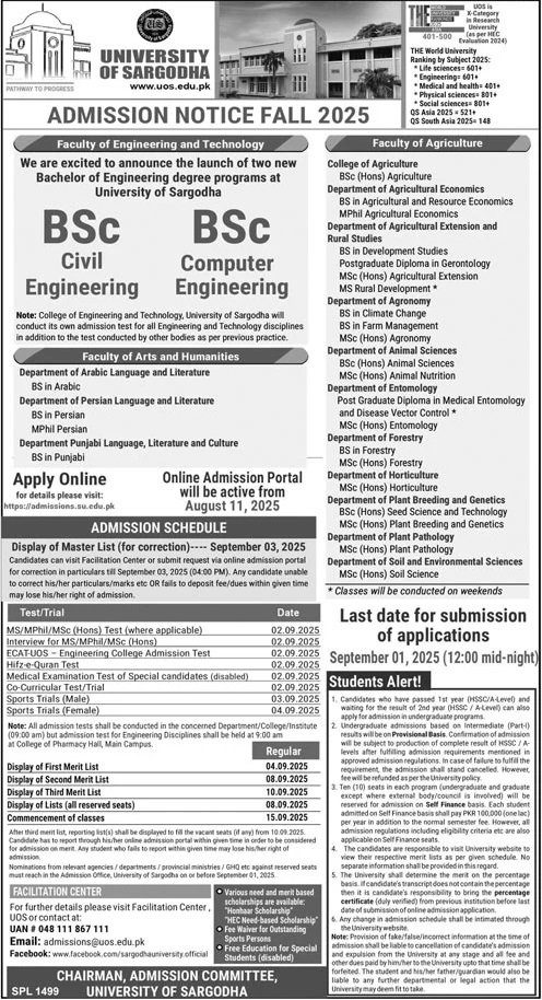 Admission Open in University of Sargodha Punjab 2025 Admissions 2025 — original advertisement