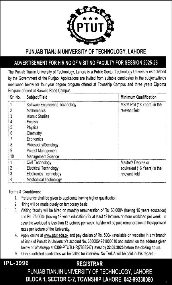Punjab Tianjin University Of Technology PTUT Lahore Jobs – Punjab Tianjin University of Technology Lahore Jobs 2025 — original advertisement