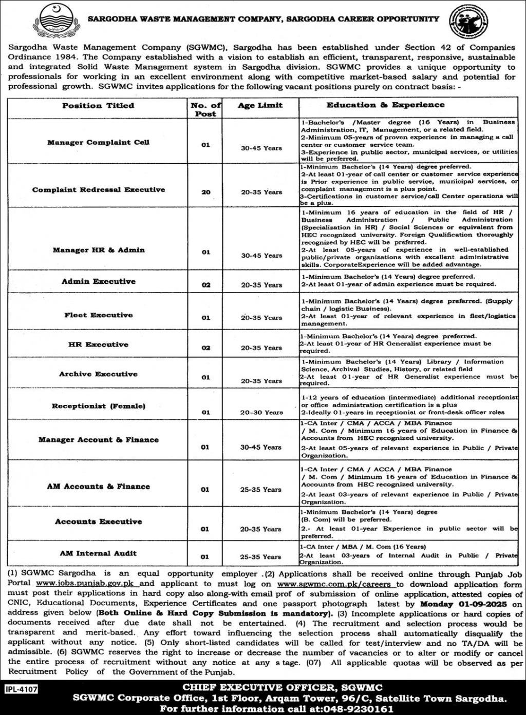 SGWMC Sargodha Waste Management Company Jobs 2025 – Private Company Jobs 2025 — original advertisement
