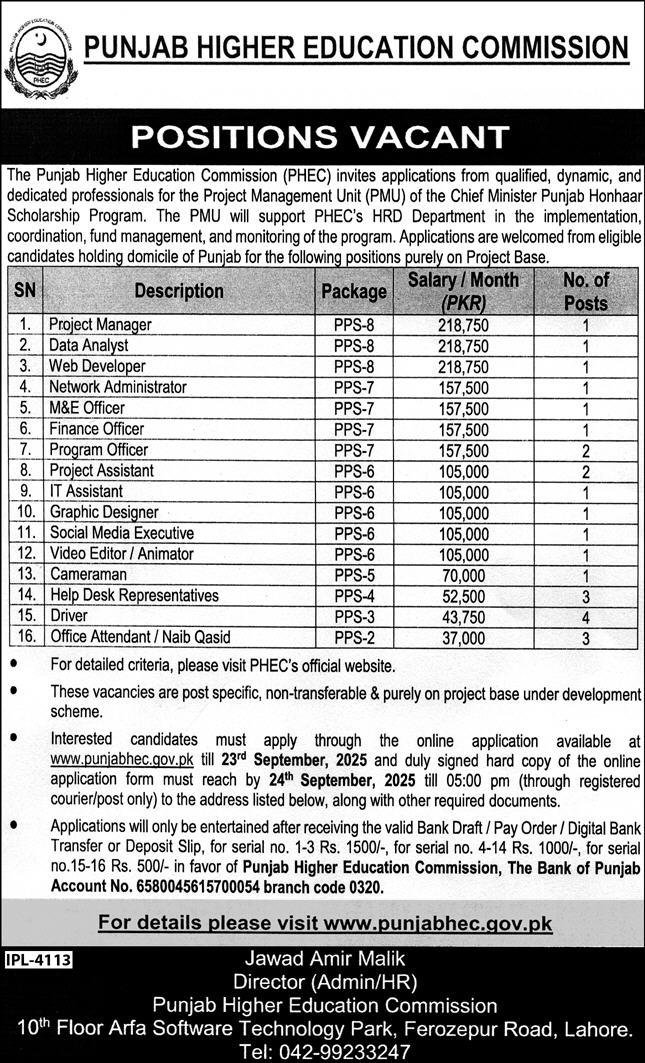 Punjab Higher Education Commission PHEC Lahore Jobs 2025 Jobs 2025 — original advertisement