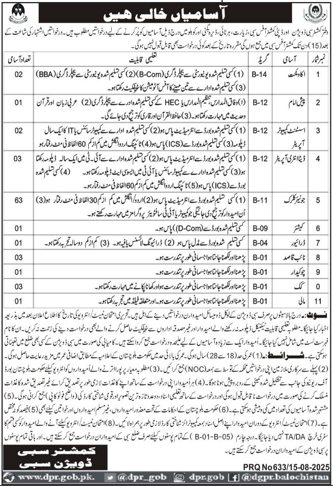 Deputy Commissioner Office Sibi Balochistan Jobs 2025 – Revenue Department Balochistan Jobs 2025 — original advertisement