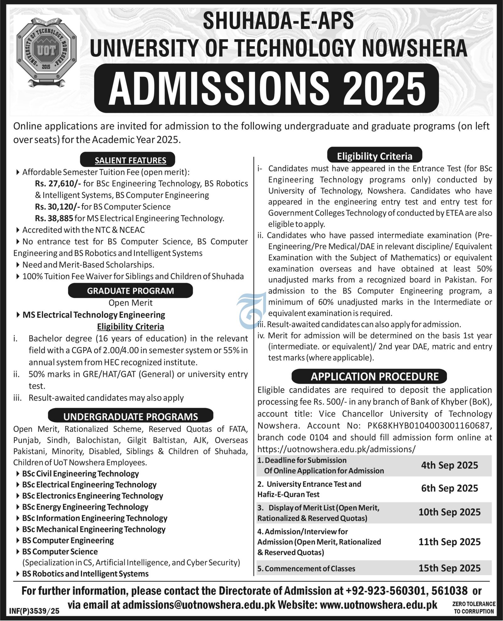 Admission Open in Shuhada Aps University of Technology 2025 – Shuhada e APS University of Technology Nowshera Admissions 2025 — original advertisement