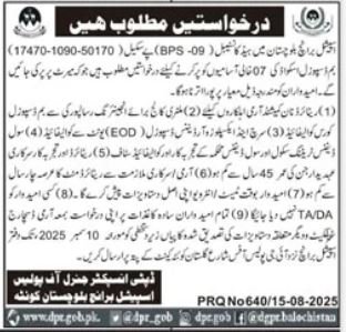 Special Branch Balochsitan Head Constable Jobs 2025 – Balochistan Police Department Jobs 2025 — original advertisement