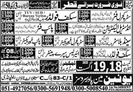 Pipe Fitter And Structle Fitter Jobs in Qatar 2025 – Union Manpower Services Jobs 2025 — original advertisement