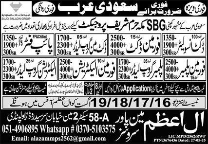 FormanPlumber And Pipe Fitter Jobs in Saudia Arabia 2025 – Al Azam Manpower Services Jobs 2025 — original advertisement