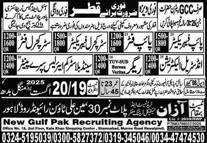 Pipe Fitter And Rigger Jobs in Qatar 2025 – Azan Trade Test Center Jobs 2025 — original advertisement