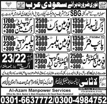 Ducket Installar And Pipe Fitter Jobs in Saudia Arabia 2025 – Lasani Trade Test & Technical Training Center Jobs 2025 — original advertisement