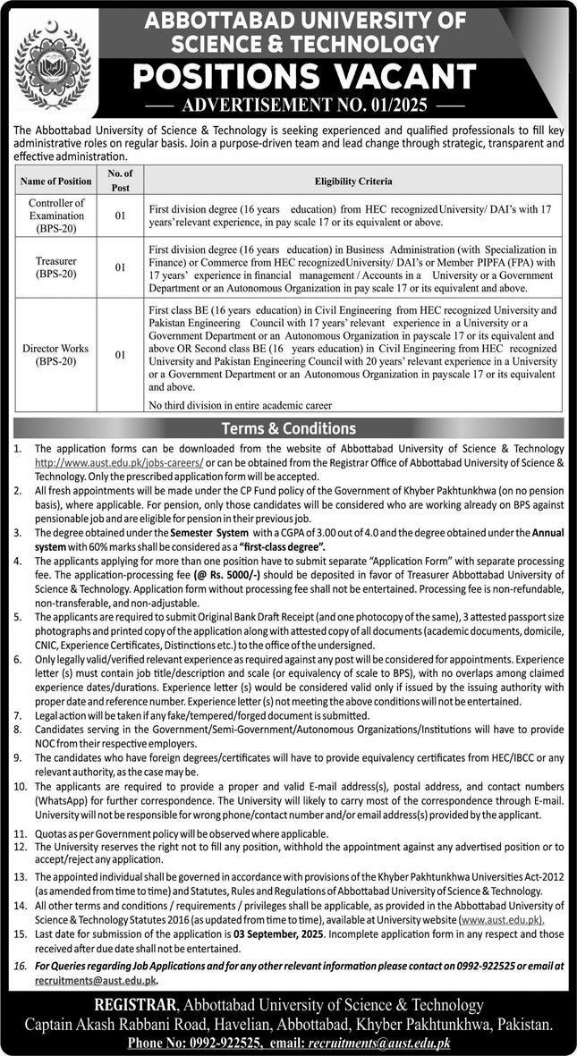 Abbottabad University Of Science Jobs 2025 – Abbottabad University of Science and Technology Jobs 2025 — original advertisement