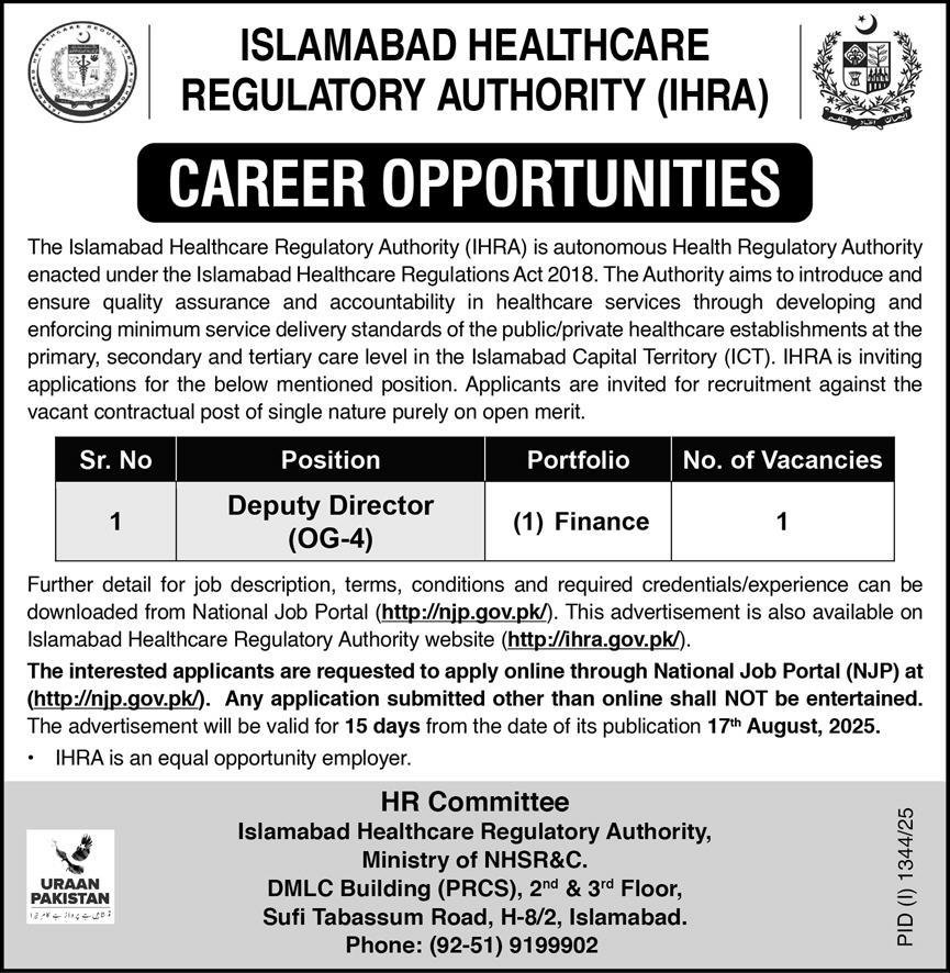 Islamabad Healthcare Regulatory Authority Jobs 2025 – Islamabad Healthcare Regulatory Authority Islamabad Jobs 2025 — original advertisement