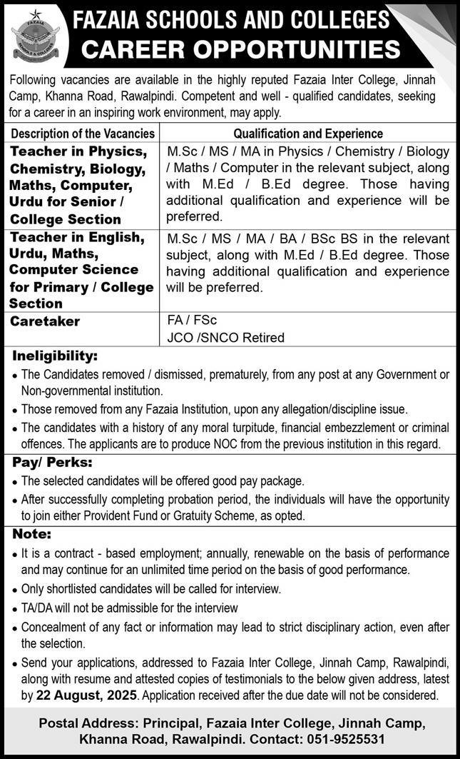 Fazaia Inter College Rawalpindi Jobs 2025 – Fazaia Schools & Colleges Jobs 2025 — original advertisement