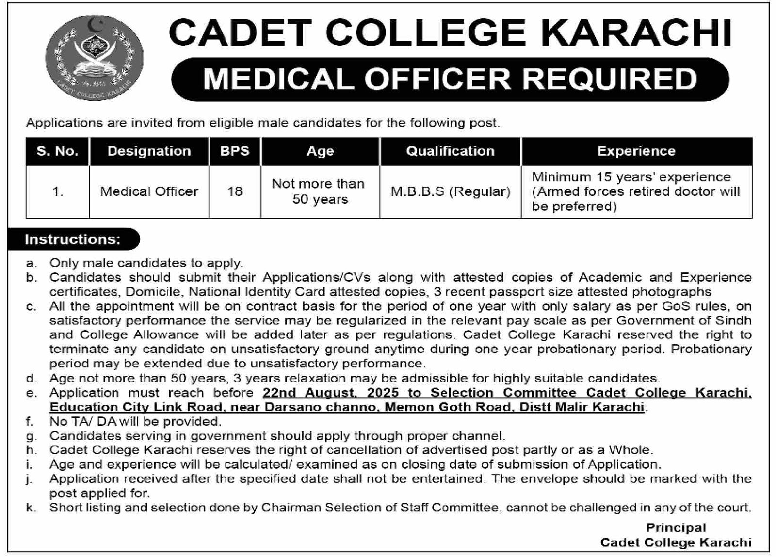 Cadet College Karachi Jobs 2025 – Hub Cadet College Karachi Jobs 2025 — original advertisement