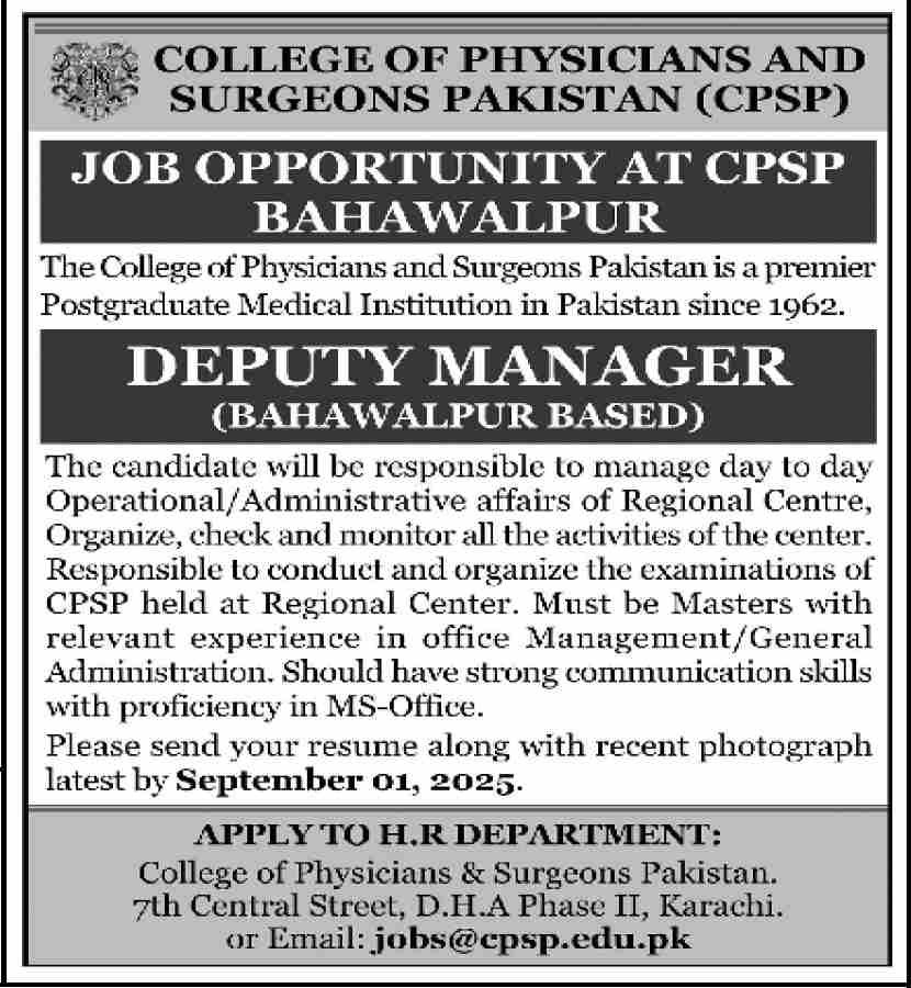 College Of Physicians And Surgeons Bahawalpur Jobs 2025 – College of Physicians and Surgeons Pakistan Jobs 2025 — original advertisement