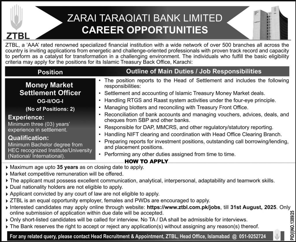 Zarai Taraqiati Bank Limited ZTBL Islamabad Jobs 2025 Jobs 2025 — original advertisement