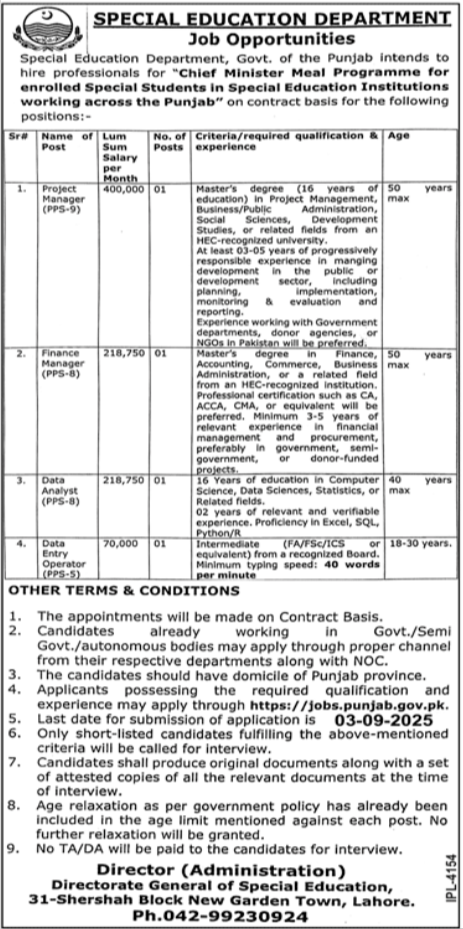 Special Education Department Lahore Jobs 2025 – Education School Department Punjab Jobs 2025 — original advertisement
