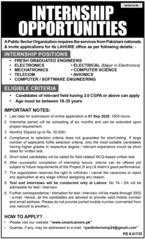Public Sector Organization Lahore Internship Program 2025 Jobs 2025 — original advertisement