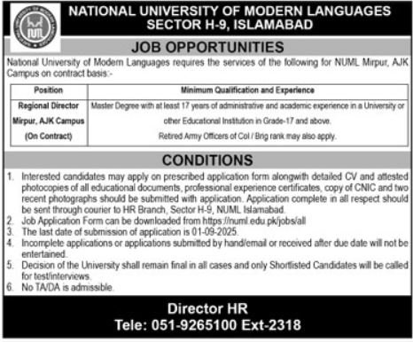 National University of Modern Languages NUML Jobs 2025 – National University of Modern Languages Islamabad Jobs 2025 — original advertisement