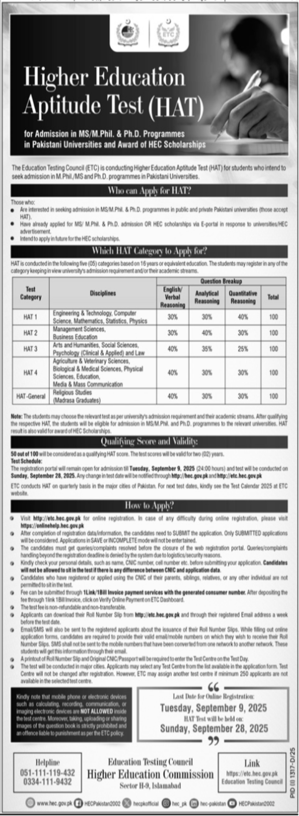 Aptitude Test At Higher Education Commission HEC – Higher Education Commission Islamabad Admissions 2025 — original advertisement