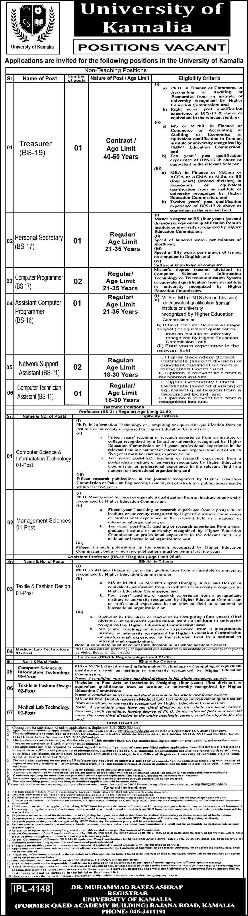University Of Kamalia Punjab Jobs 2025 Jobs 2025 — original advertisement